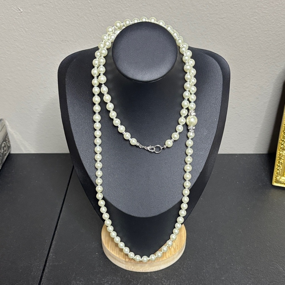 Faux Pearl Long Elegant Necklace Rhinestone Accent